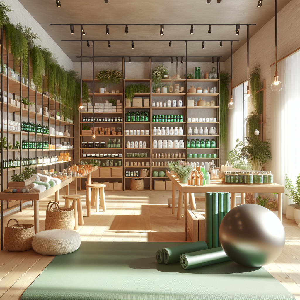 Serene health and wellness store interior with wooden shelves filled with nutritional supplements, fitness equipment on display, and green plants.