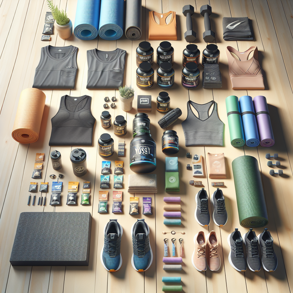 Assorted Qn Wellness fitness and wellness products arranged on a wooden surface.