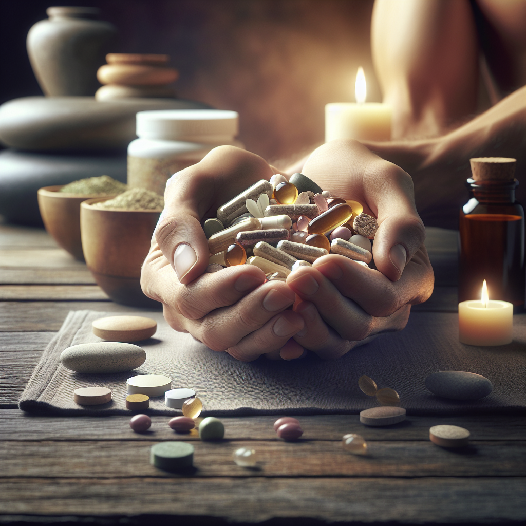 A pair of hands holding a variety of natural health supplements with a blurred wellness environment in the background.