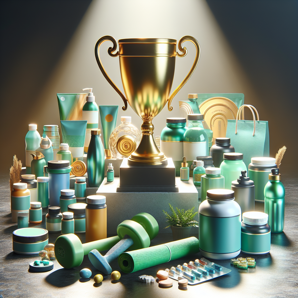 A golden trophy symbolizing market success surrounded by assorted wellness products, bathed in natural light, with a focus on premium quality and natural ingredients.