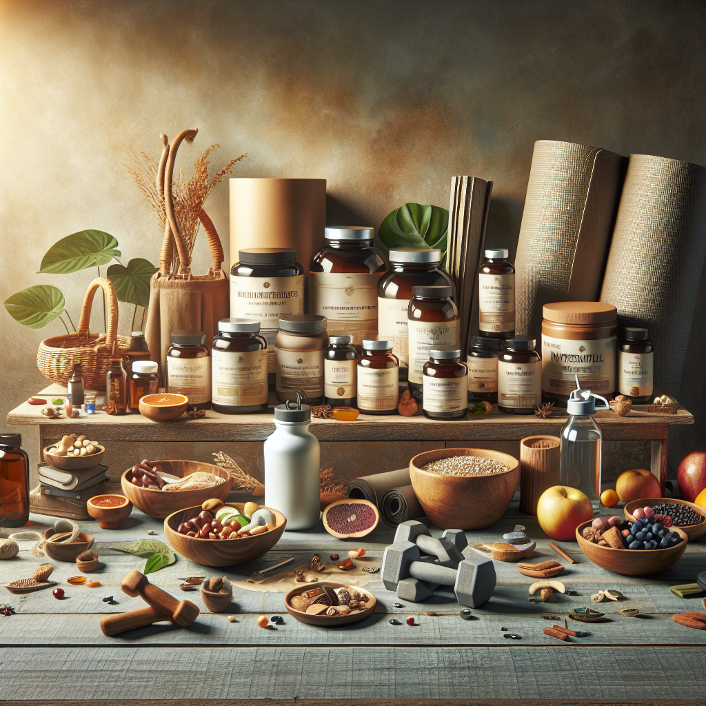 Assortment of wellness products including supplements, yoga mat, and fitness accessories, arranged on a wooden table with natural ingredients, in a soft-lit, calming atmosphere.