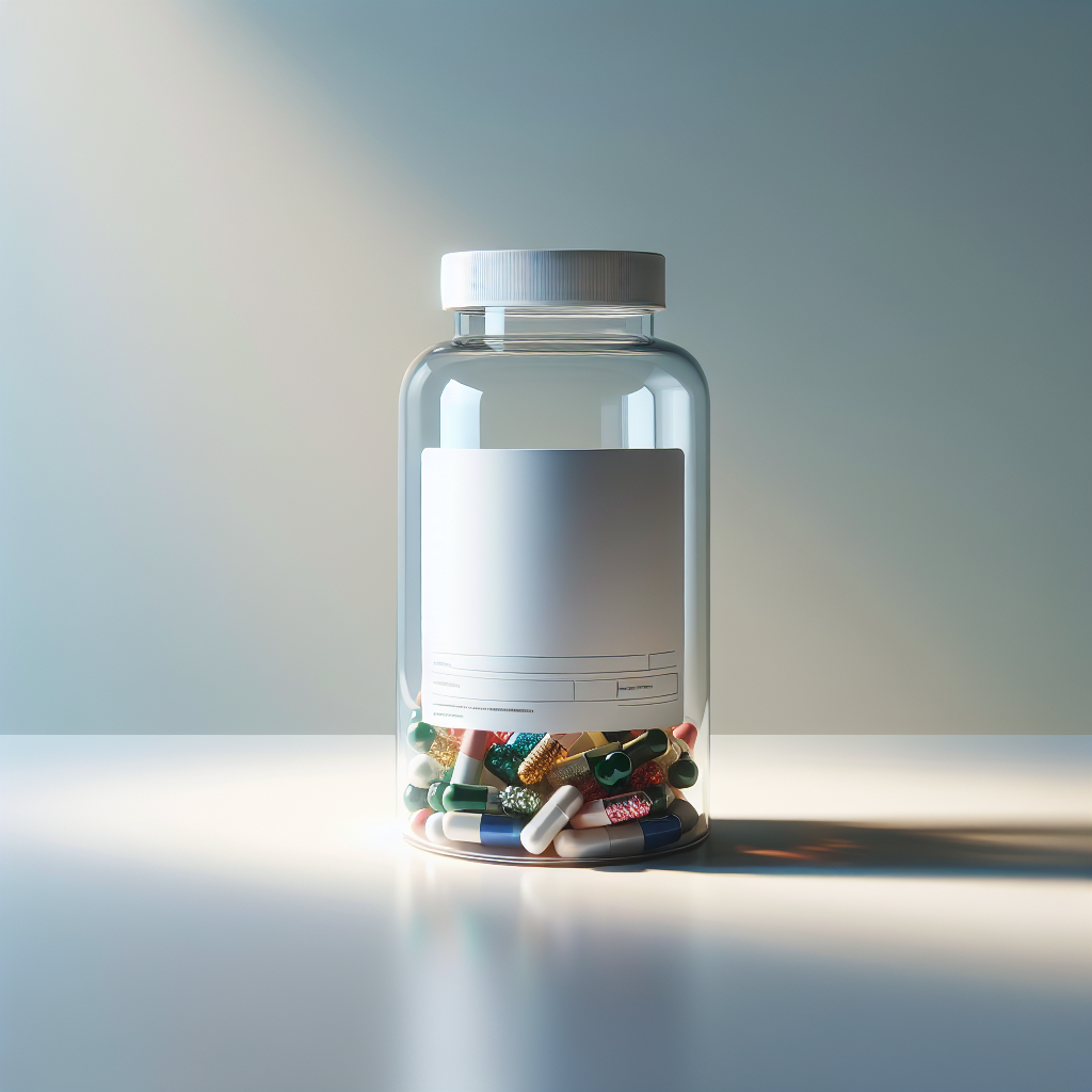 A realistic image of a transparent bottle filled with V-COG Supplement capsules.