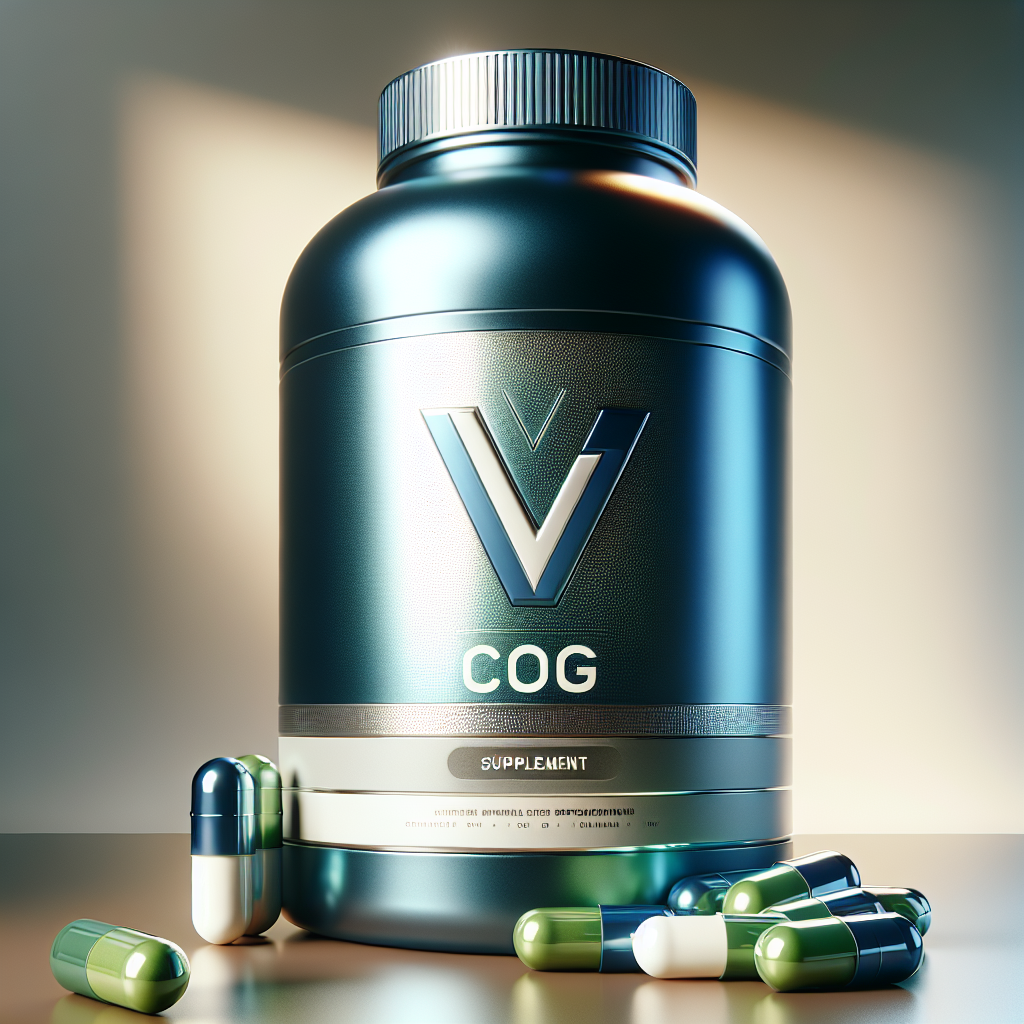 A modern supplement bottle labeled 'V-COG' and capsules in a realistic setting.