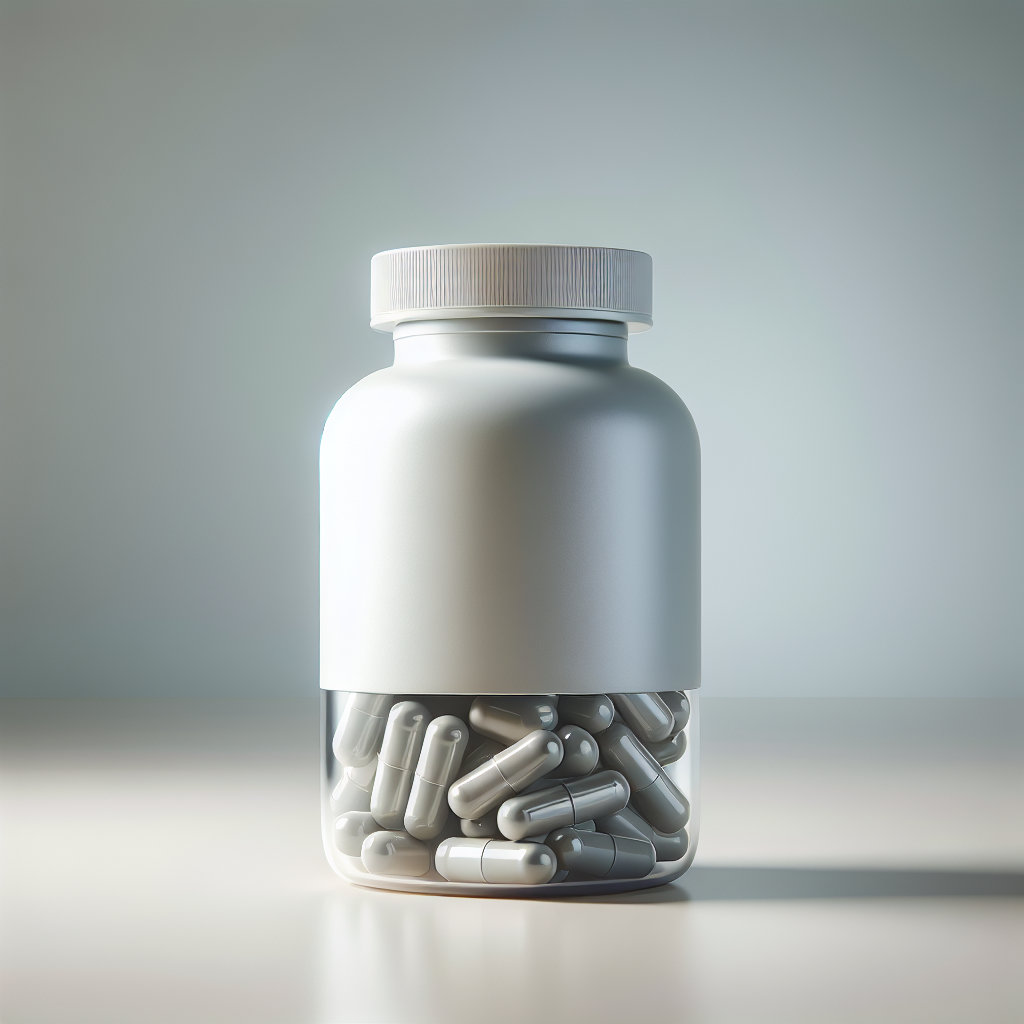 V-COG Supplement bottle with capsules, depicted realistically with neutral tones and soft lighting.