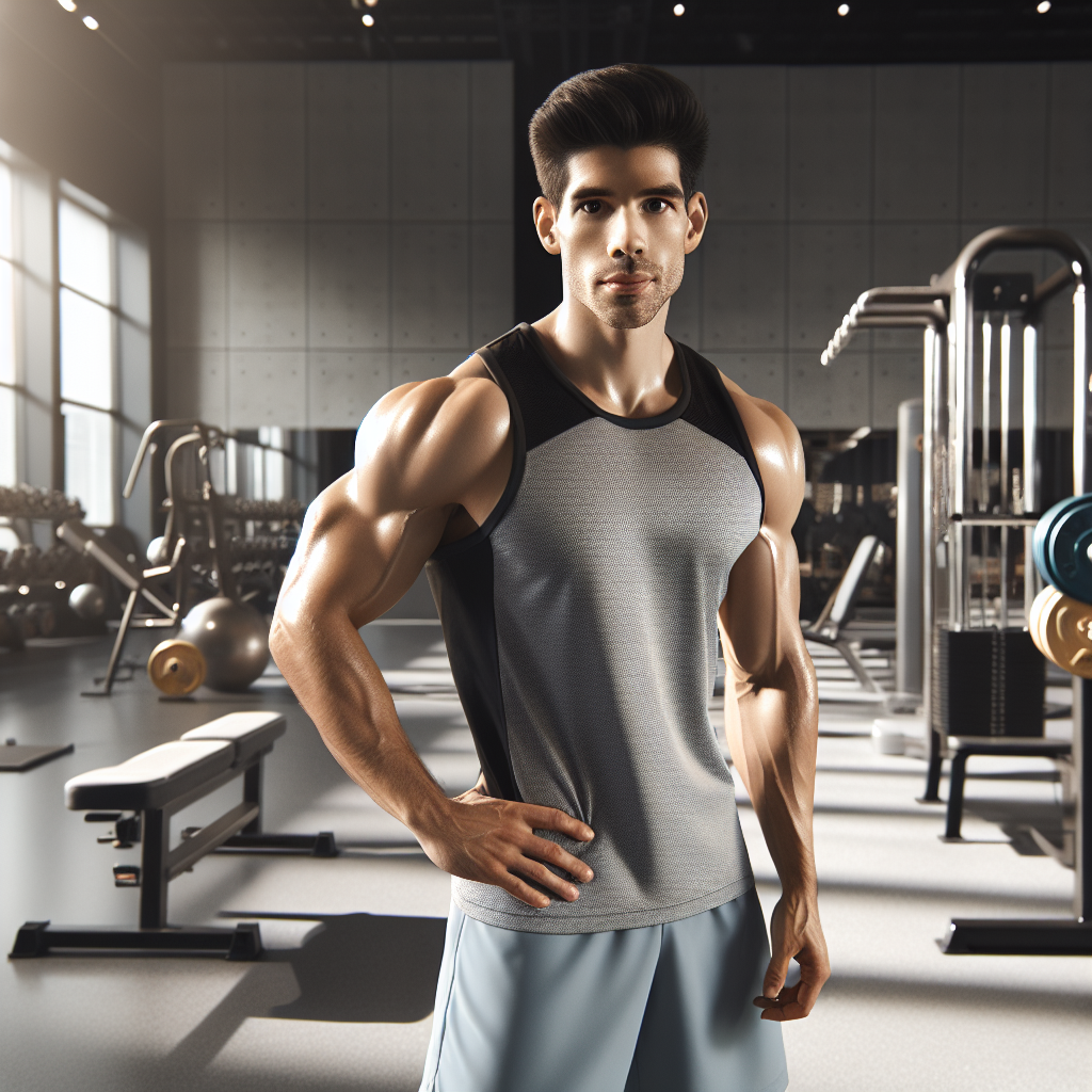 A fit man in a modern gym, showcasing muscular physique and gym equipment.