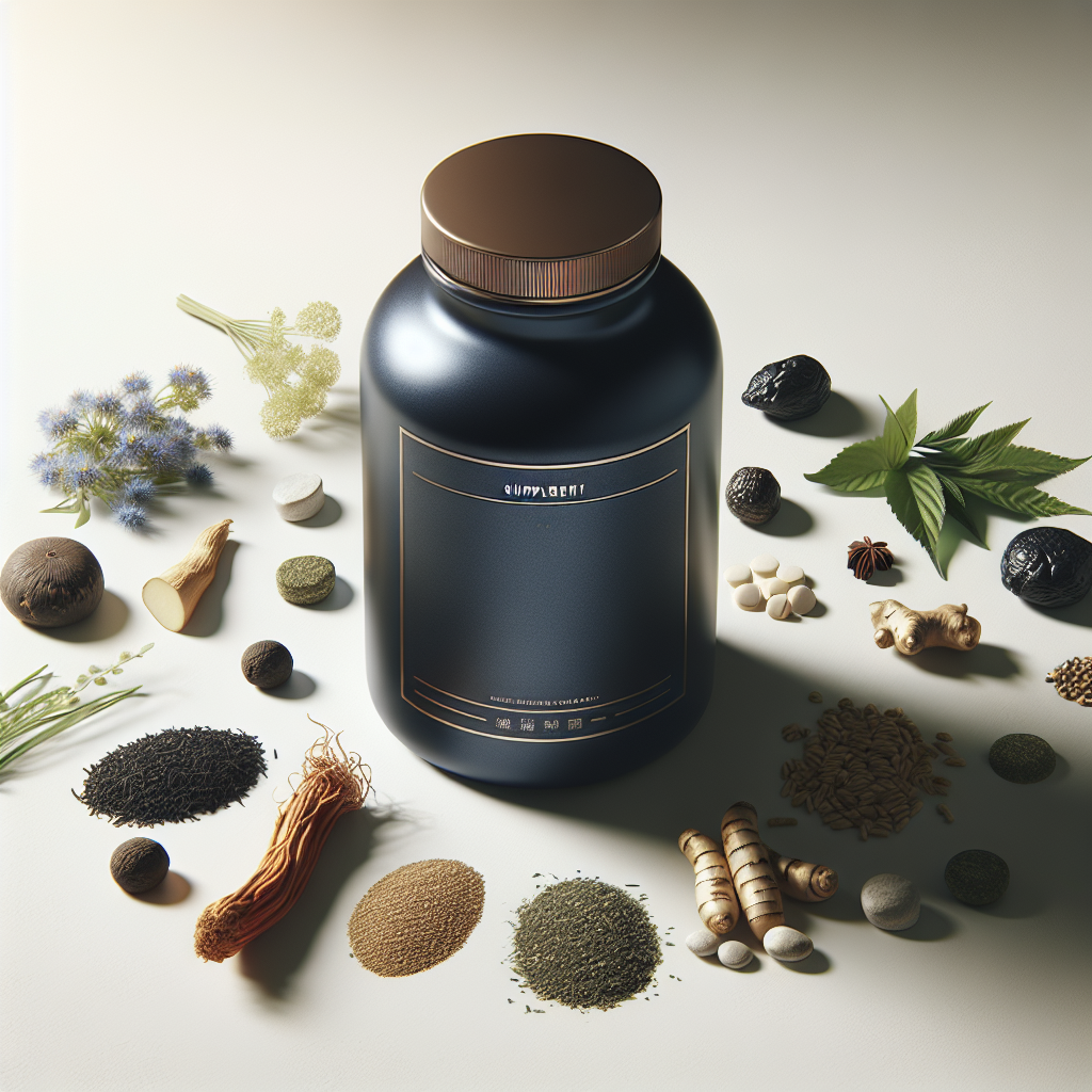 A supplement bottle labeled 'Xten for Man' surrounded by natural ingredients like ginseng and maca root.