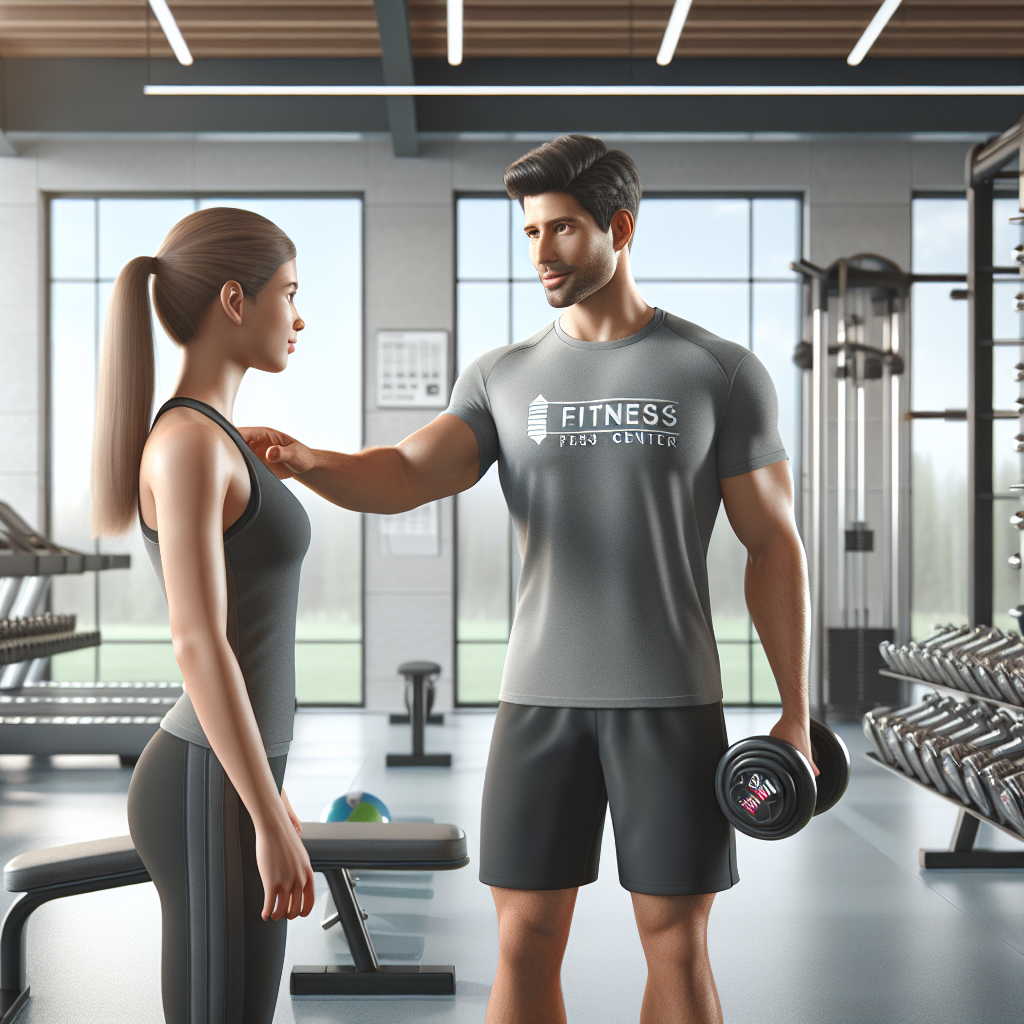 Personal trainer guiding a client in a UFIT gym with various modern fitness equipment.