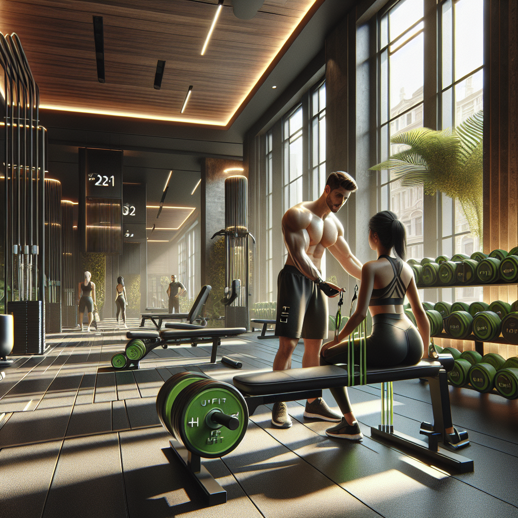 A realistic gym interior with an athletic personal trainer guiding a client, showcasing UFIT personal training services.