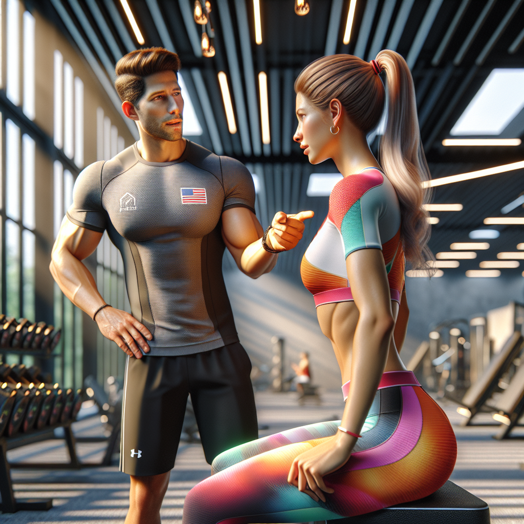 A professional personal trainer assisting a client in a gym.