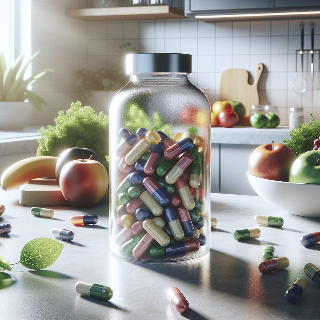 A realistic image of a V-Cog Supplement bottle on a kitchen counter surrounded by fresh fruits and greens.