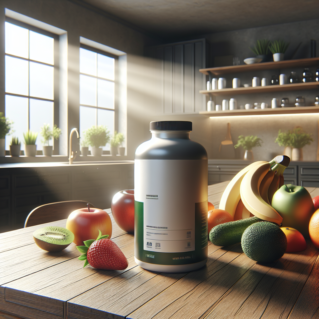 A bottle of V-Cog Supplement on a wooden table in a modern kitchen, surrounded by fresh fruits and vegetables.