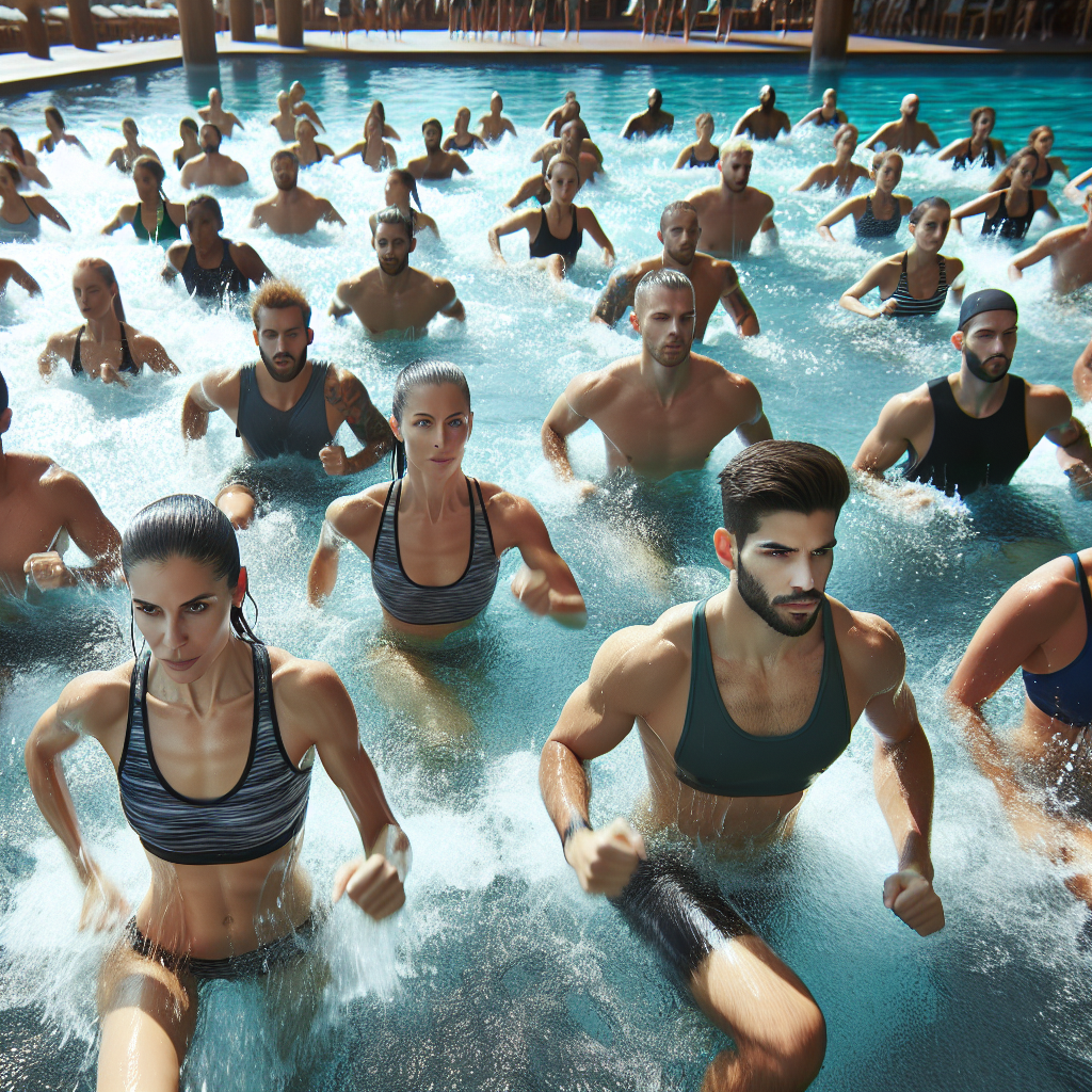 People engaging in an H20 HIIT fitness class at a pool, guided by trainers, under bright natural lighting.