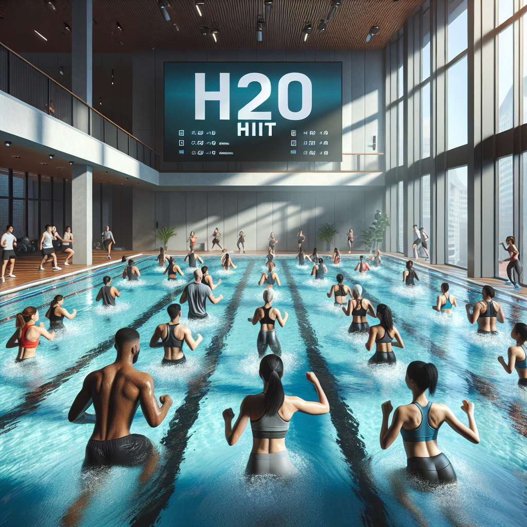 A realistic depiction of an H20 HIIT fitness class in a swimming pool with participants of various ages and fitness levels.