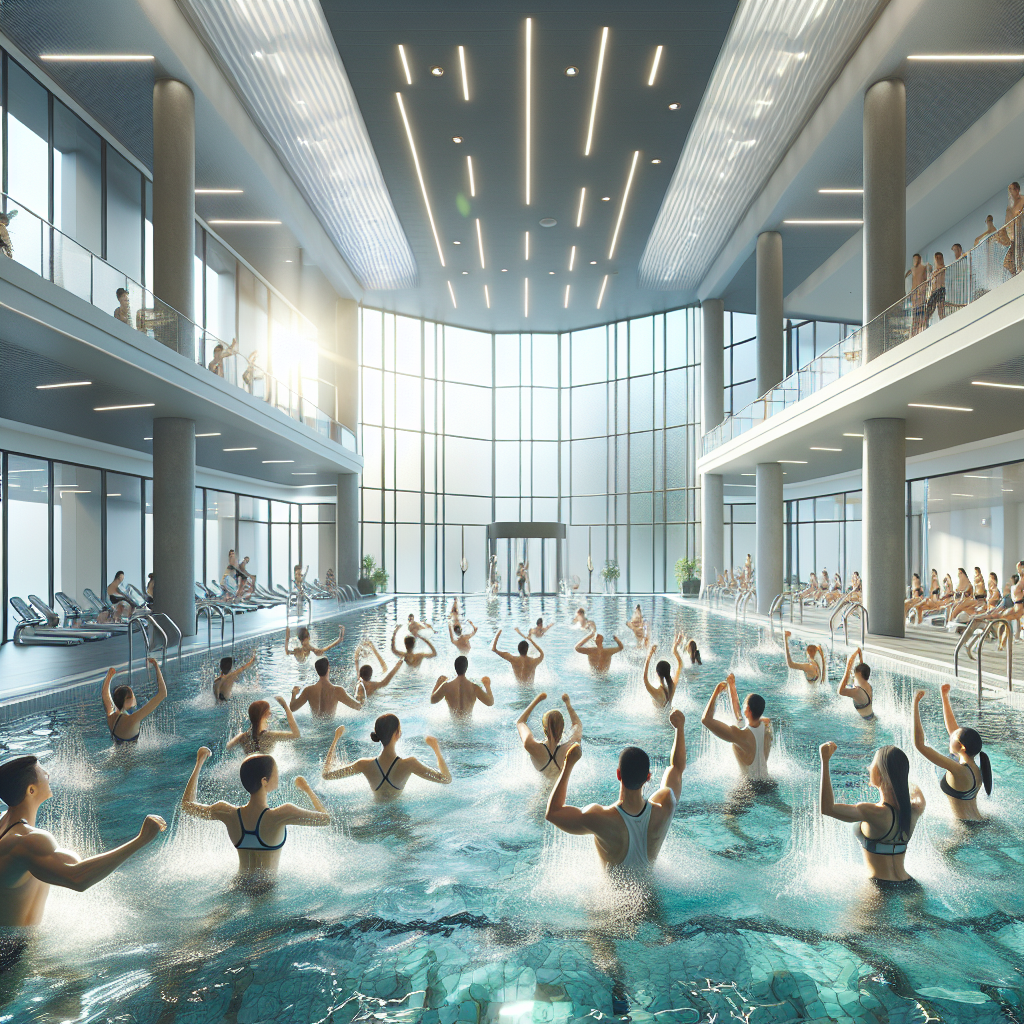 A high-intensity water aerobics class at Fitness First, showing diverse people exercising in a swimming pool.