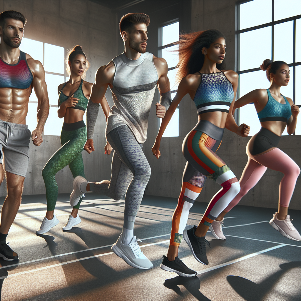 Diverse group of people wearing colorful fitness workout attire in motion.