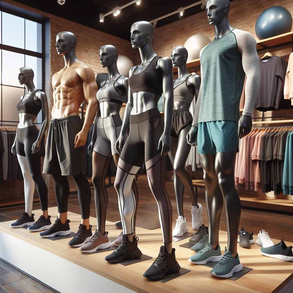 A realistic display of various workout attire on mannequins in a well-lit fitness apparel store.