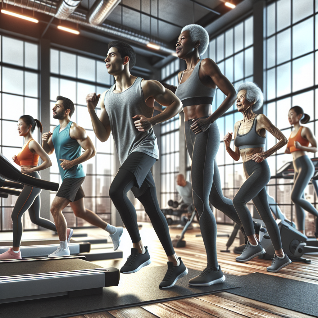 A diverse group of people working out in a modern gym, illustrating the Zermatt Neo Workout program.