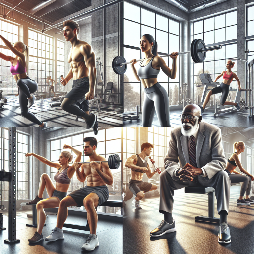 A diverse group of people performing various exercises in a modern gym setting.