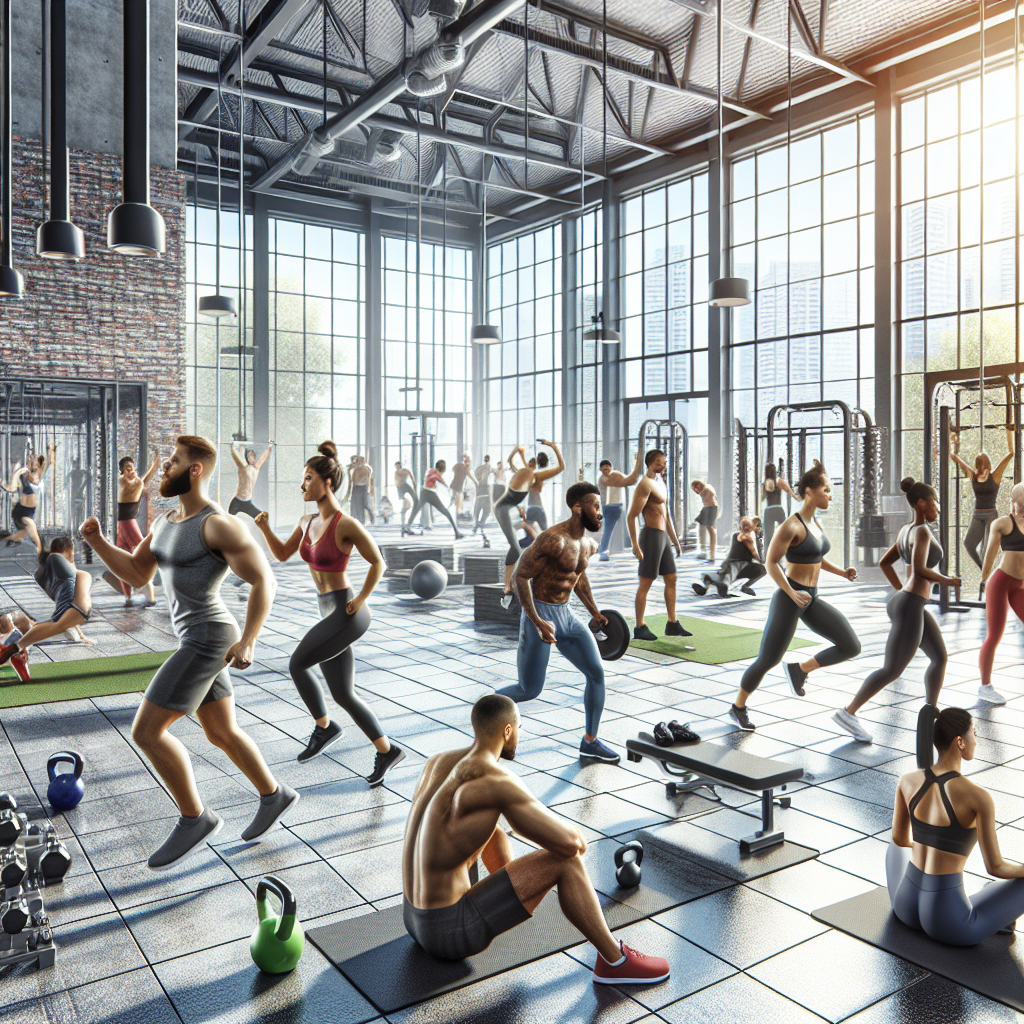 A diverse group of people engaged in various exercises in a modern gym.