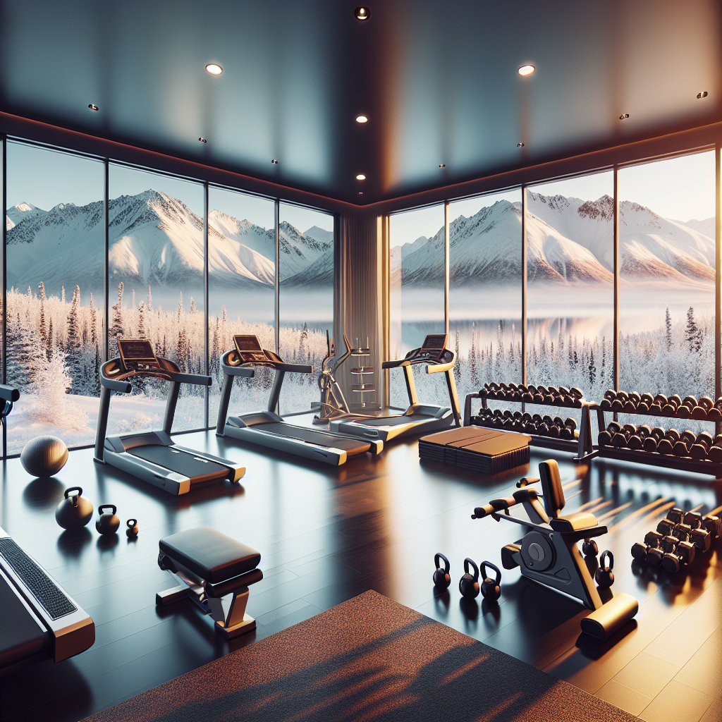 A realistic depiction of a home gym in Anchorage with fitness equipment and a view of snowy mountains.