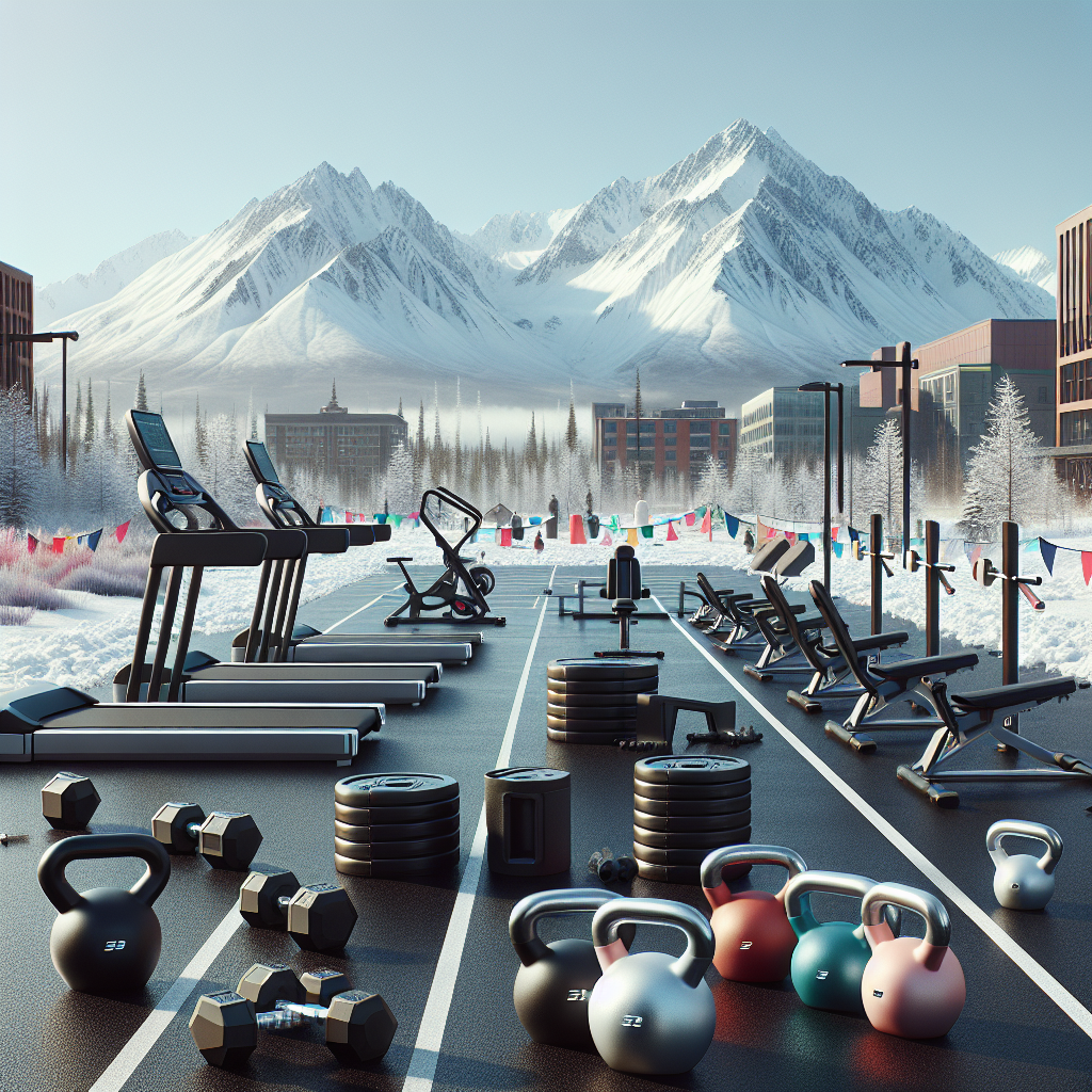 Fitness equipment like treadmills, dumbbells, and kettlebells set against the backdrop of snowy Chugach Mountains and urban trails in Anchorage, Alaska.