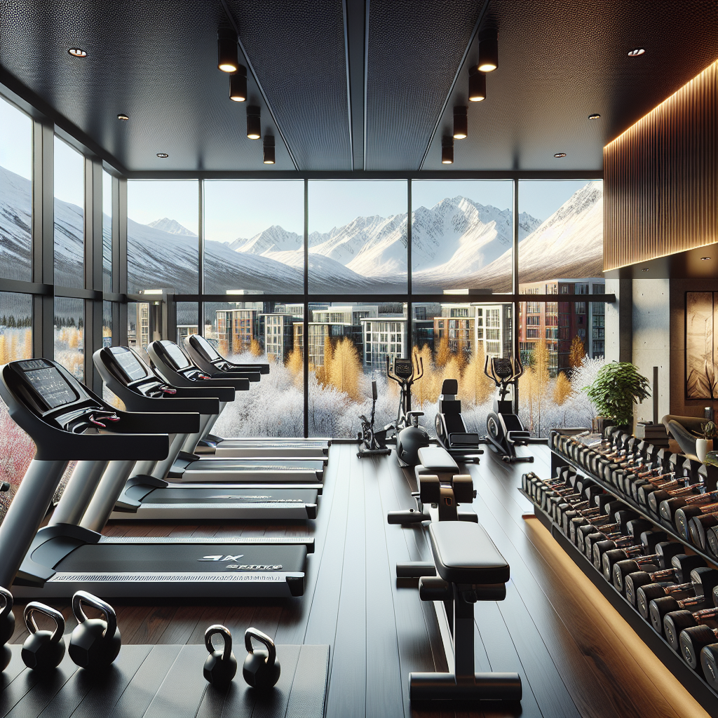 Home gym with treadmills, ellipticals, dumbbells, and kettlebells in Anchorage with a view of snowy mountains.