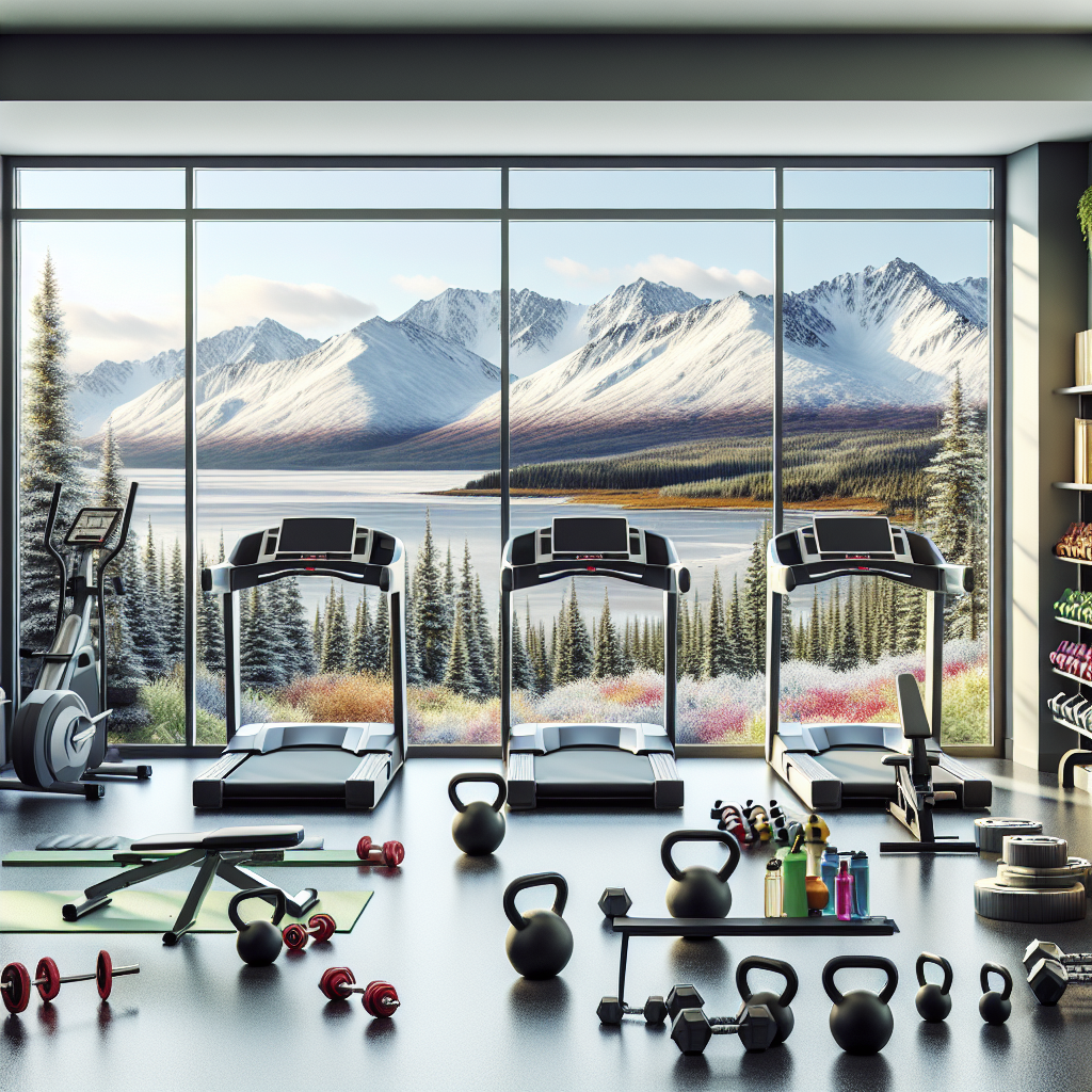 A home gym in Anchorage with fitness equipment like treadmills and dumbbells, set against a backdrop of the Chugach Mountains.