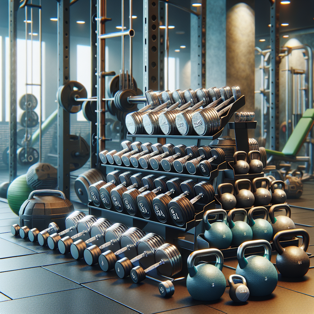 A neat and organized gym rack filled with various fitness weights in realistic detail.