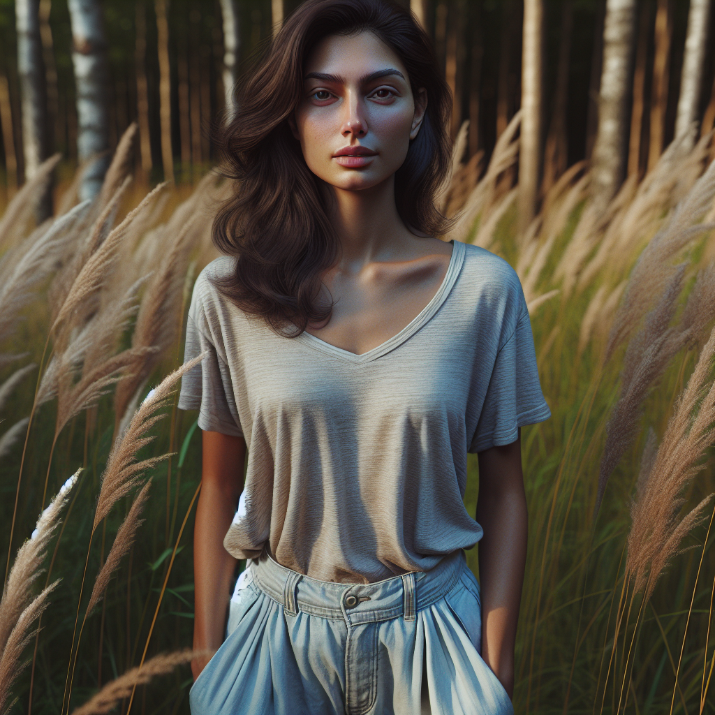 A woman standing in a natural setting with tall grass and trees in the background, illuminated by natural light.