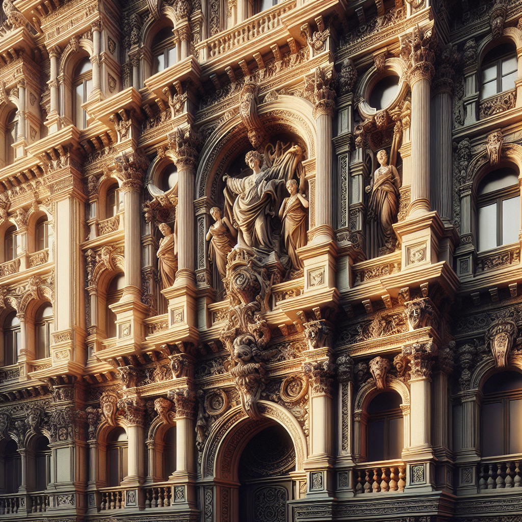 A realistic depiction of a detailed building facade with intricate carvings and statues.