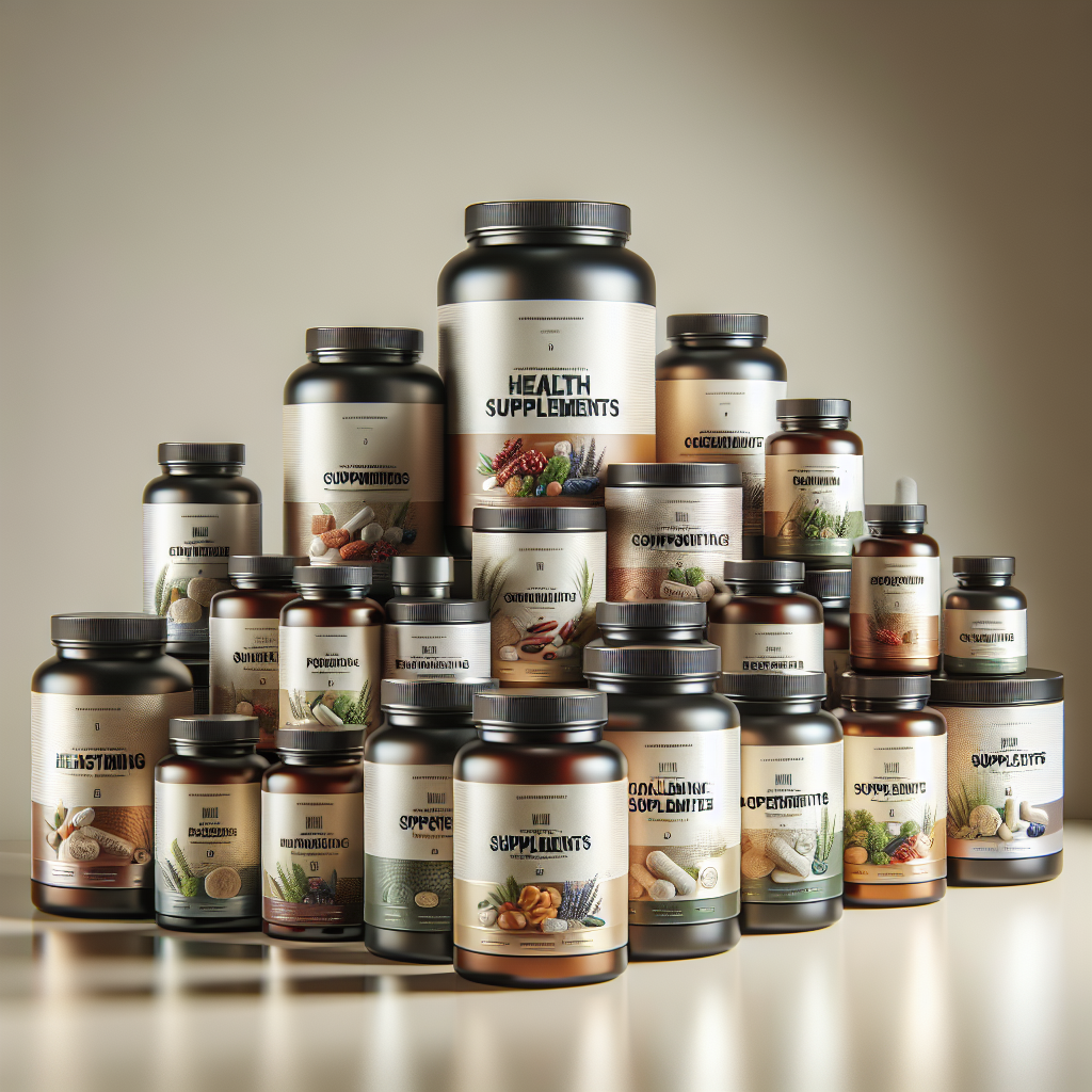 A realistic depiction of superior supplements in various bottles and containers.