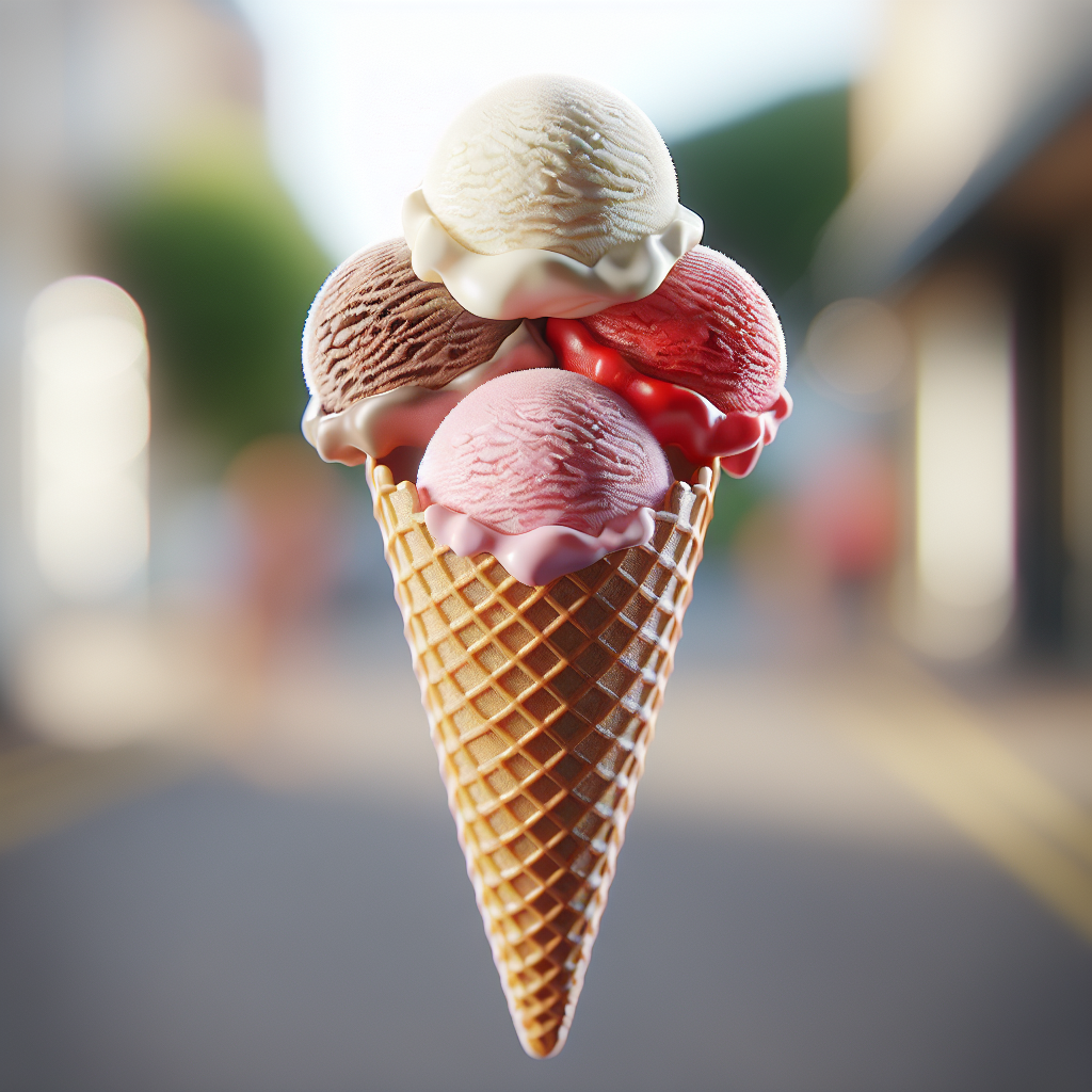 A realistic ice cream cone with scoops of vanilla, strawberry, and chocolate, slightly melting.