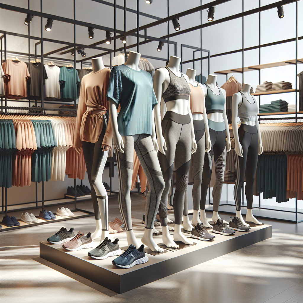 A realistic image of modern sporting apparel displayed in a high-end retail setting.