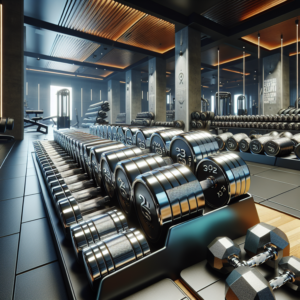 Various premium fitness weights on a gym floor.