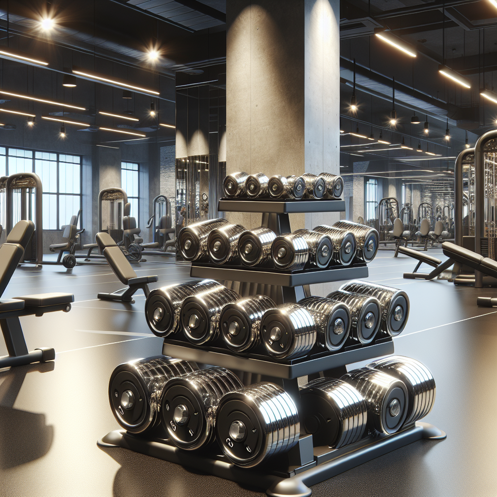 Fitness weights arranged neatly on a rack in a modern gym.