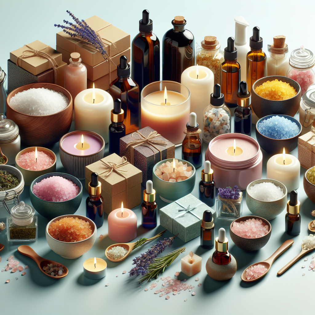 A realistic image of various wellness products such as essential oils, spa salts, herbal teas, candles, and skincare lotions arranged neatly.