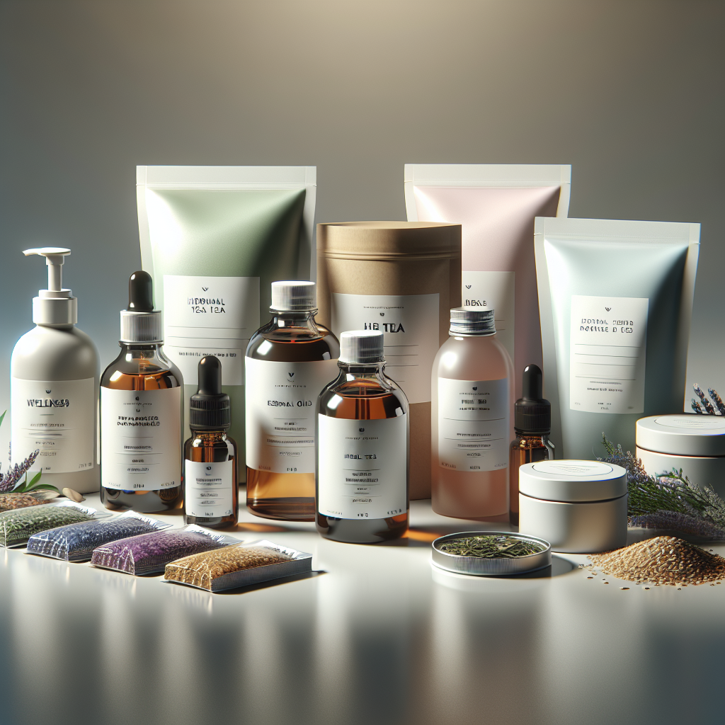 A realistic depiction of top wellness products such as essential oils, herbal teas, and natural skincare products on a white surface.