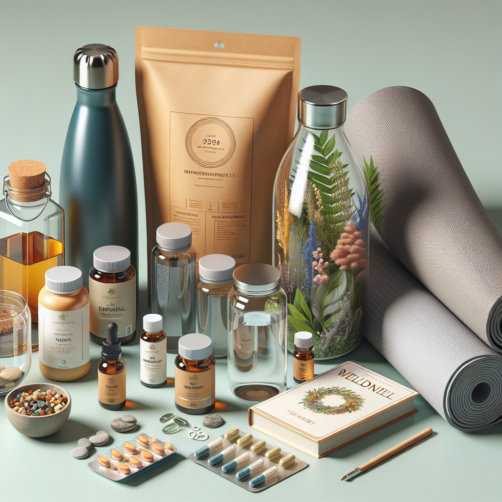 A realistic depiction of top wellness products arranged on a surface, including essential oils, herbal supplements, a yoga mat, a stylish water bottle, and a book on mindfulness.