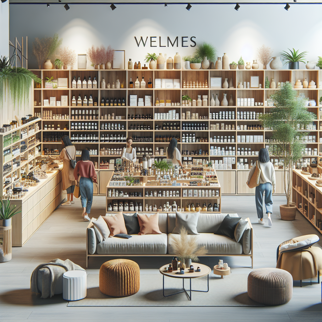 A modern wellness shop with various wellness products and a cozy, natural aesthetic.