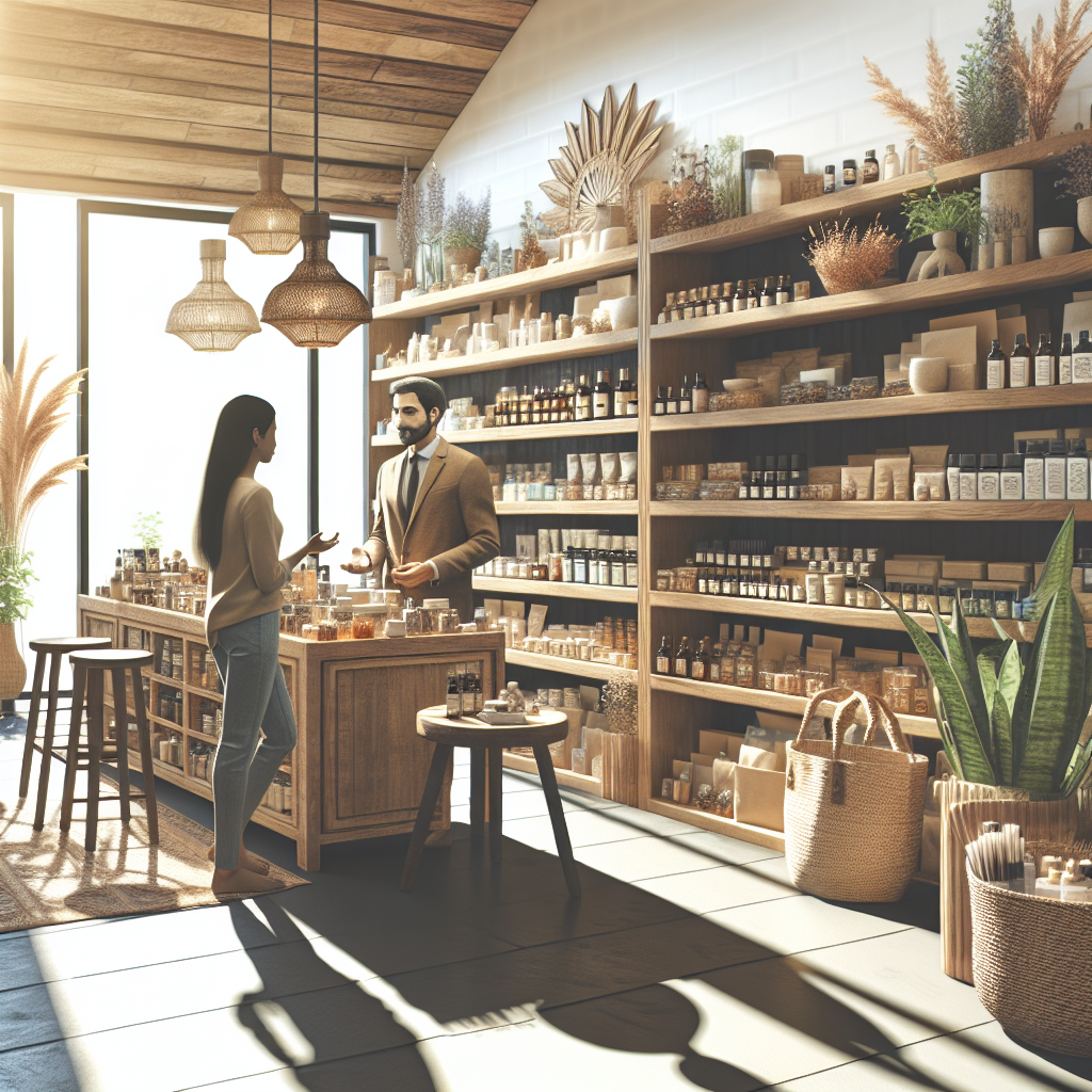 A realistic depiction of a wellness shop with assorted products and a serene atmosphere.