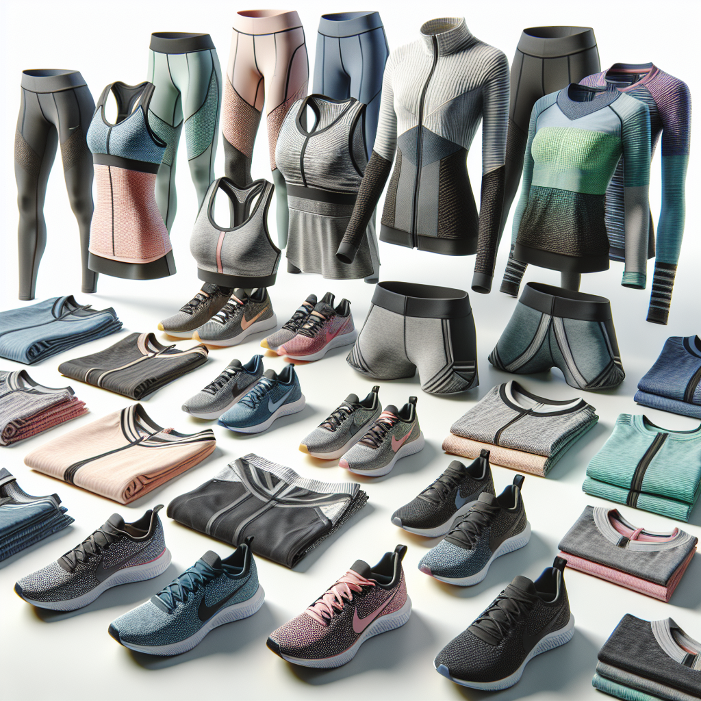 A collection of realistic sporting apparel on a white background, including running shoes, workout leggings, sports bras, and sweat-wicking shirts.