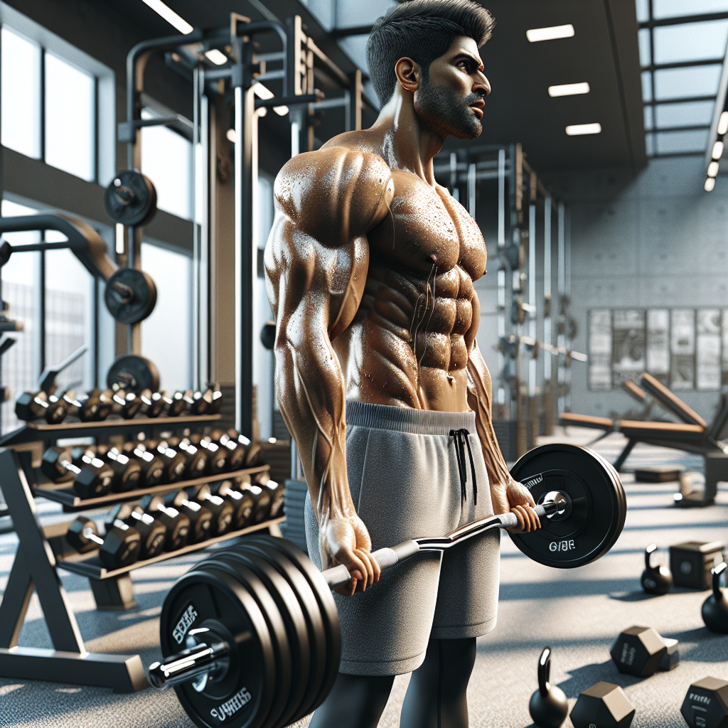 A person doing weightlifting exercises in a realistic gym setting.