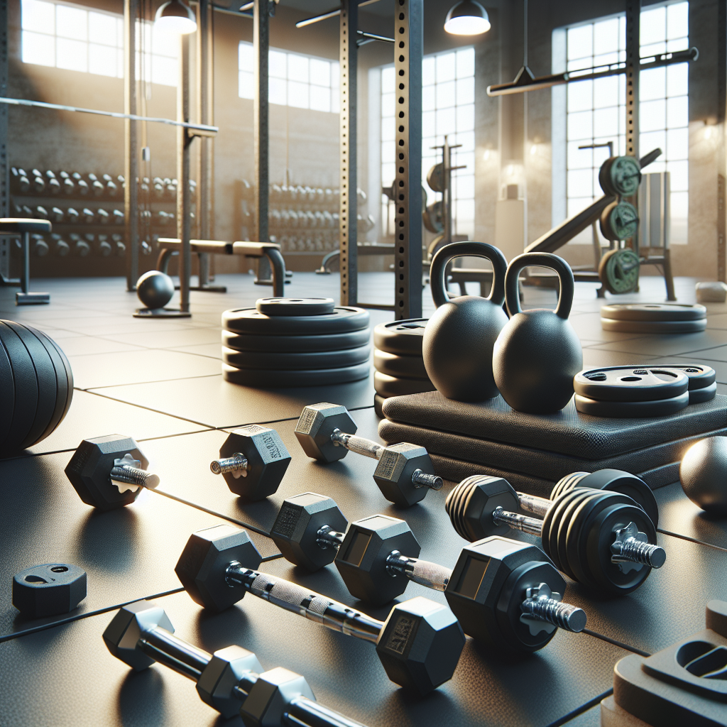 Realistic image of various weights in a modern gym setting.