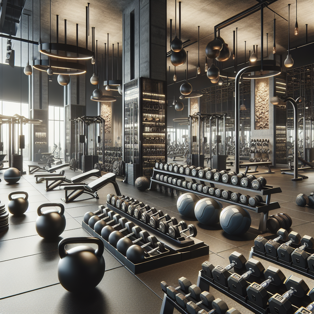 Realistic image of a gym with various fitness equipment.