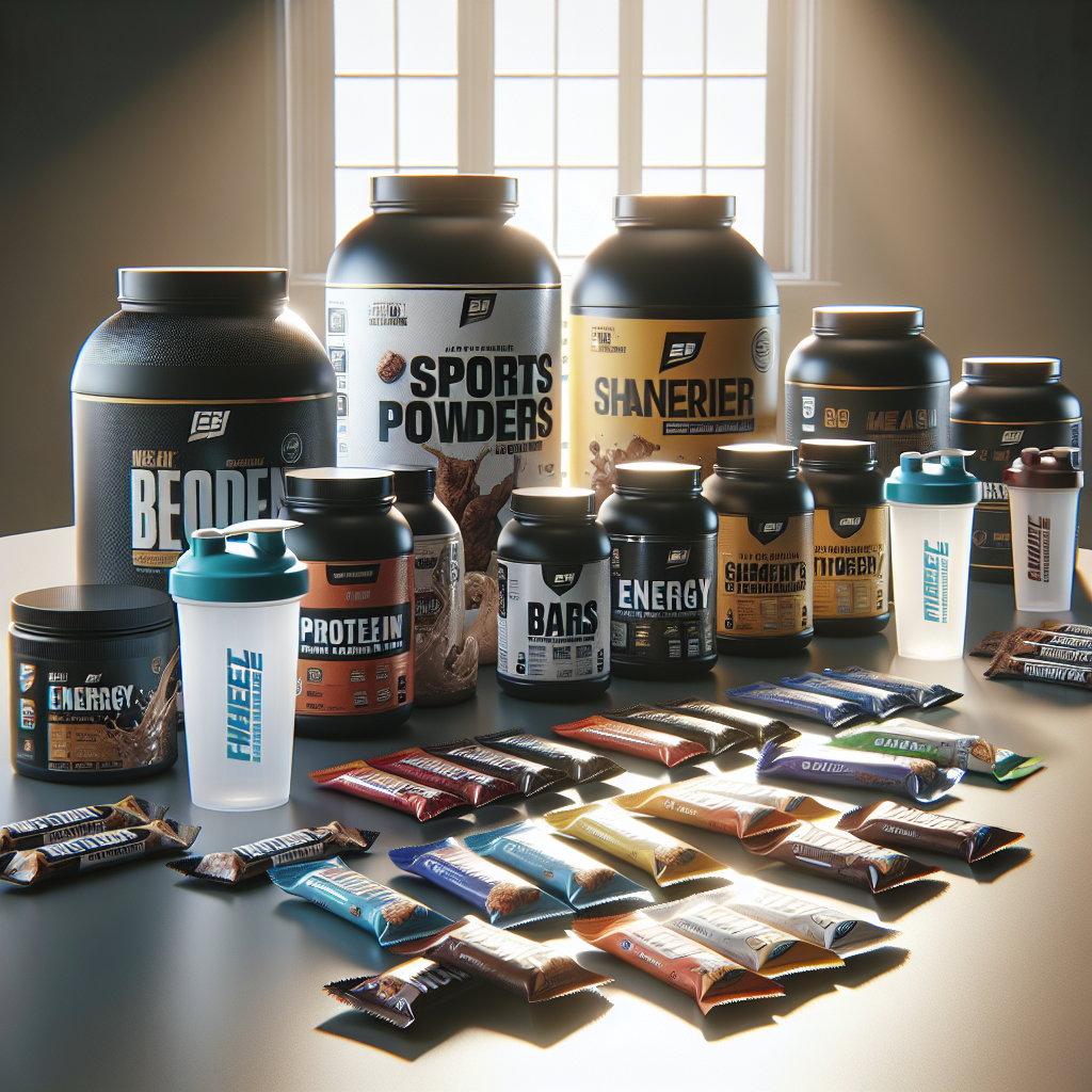 A realistic image of various sports supplements, including protein powders, energy bars, and shaker bottles.