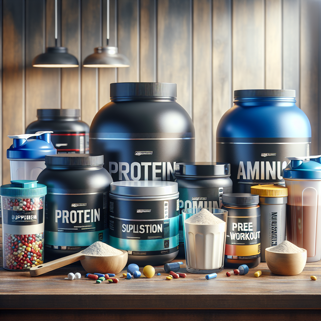 A selection of sports supplements including protein powders, amino acids, and pre-workouts on a wooden table.