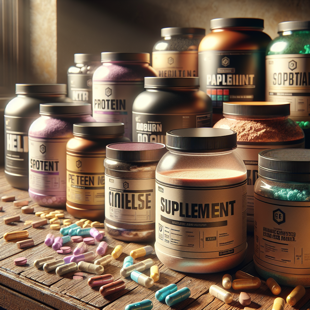 A realistic image of various sports supplements on a wooden table with natural light.