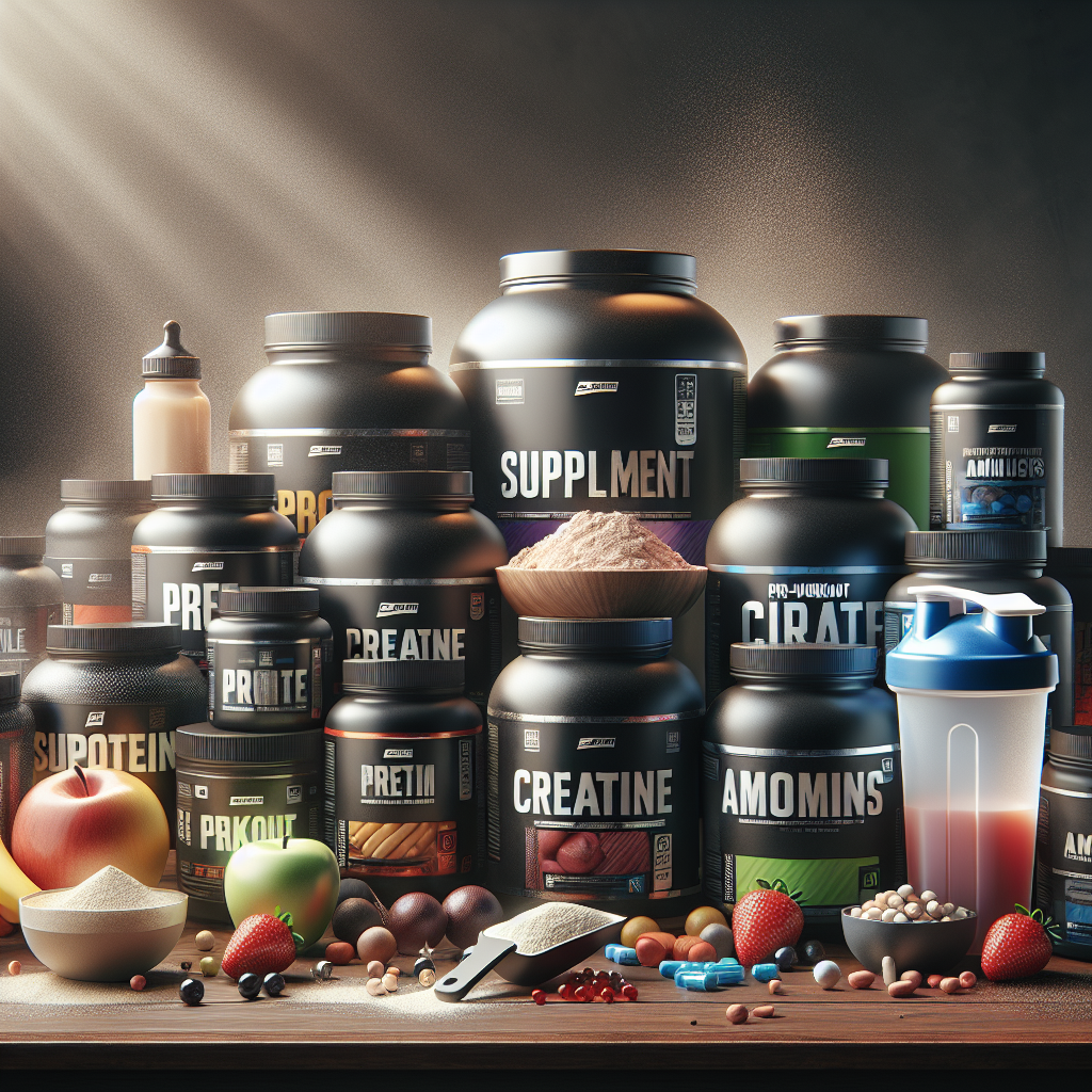 A variety of sports supplements on a wooden table, including protein powders and shaker bottle.