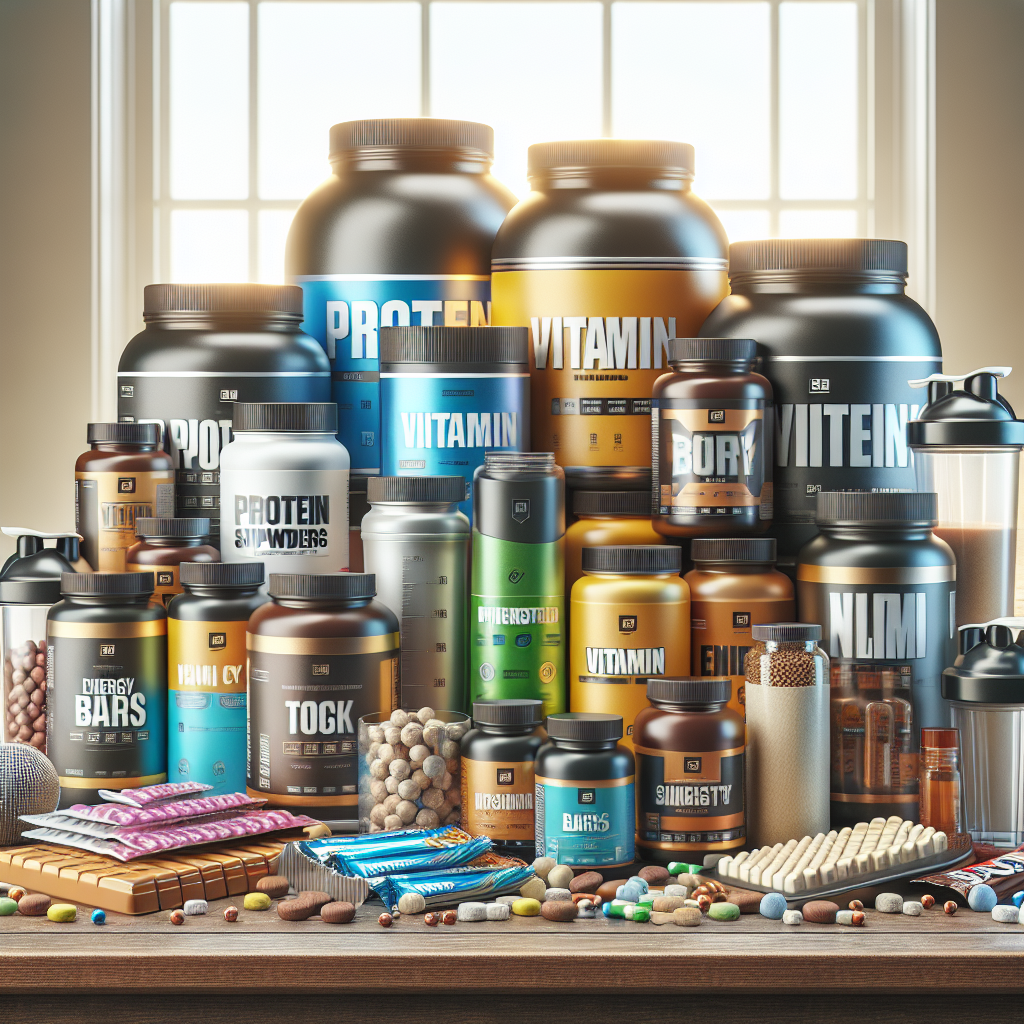 Realistic image of sports supplements including protein powders, vitamin bottles, and energy bars on a table.