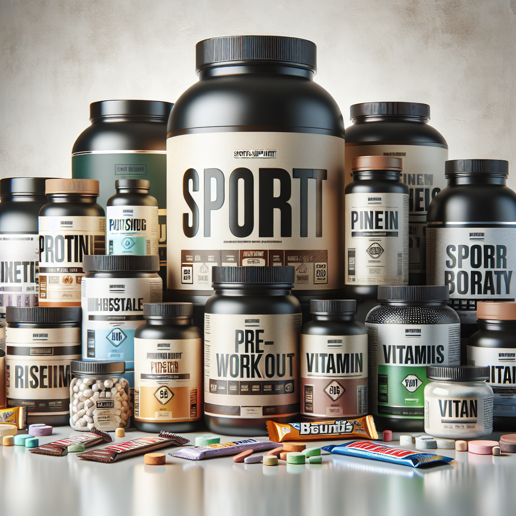 An array of realistic sports supplements including protein powder, pre-workout, vitamins, and energy bars on a clean surface.